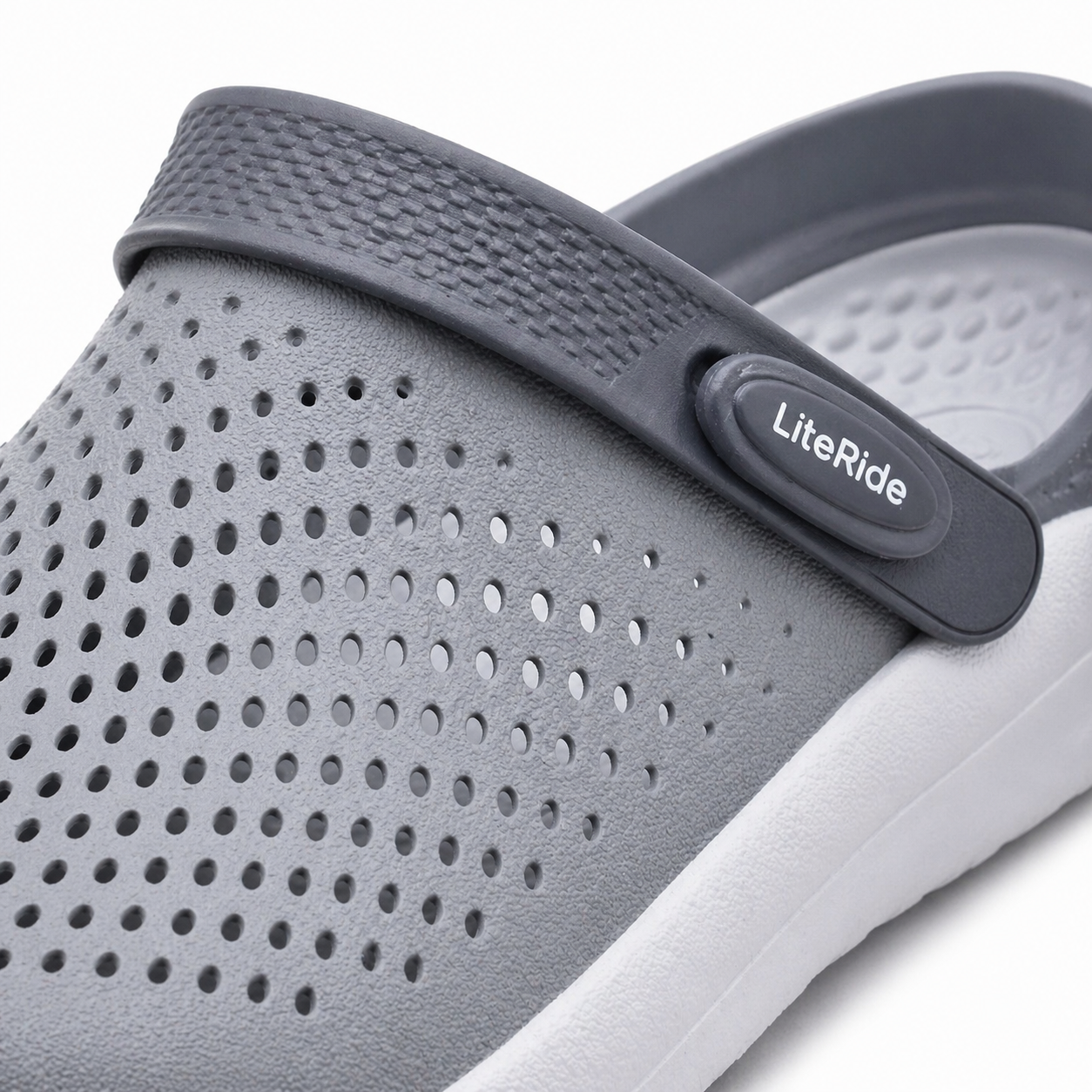 Close up material detail of grey Crocs LiteRide 360 Clog